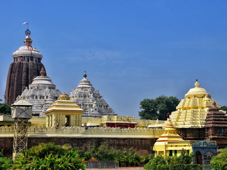 The main tower and subsidiary shrines of the Jagannath Temple in Puri seen above the boundary wall