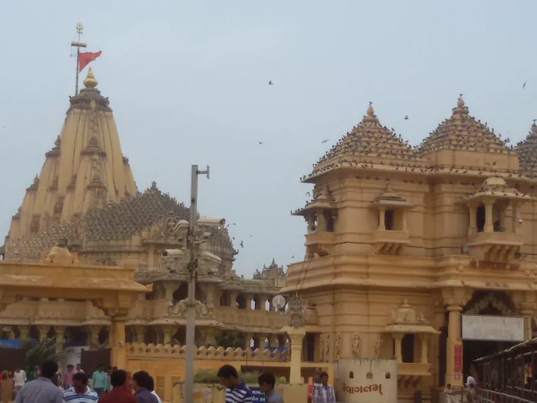 The Somnath Temple on the Gujarat coast seen from the pilgrim approach, with the Arabian Sea beyond it